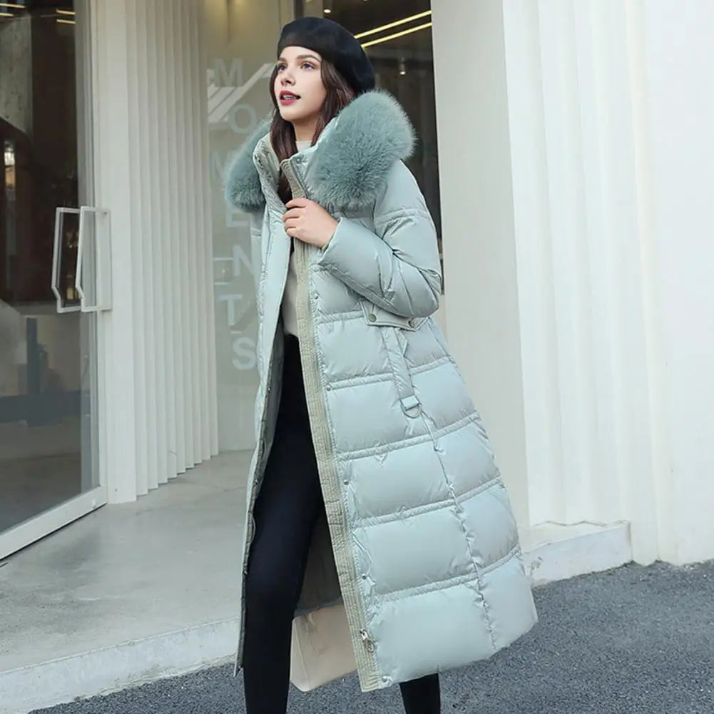 Winter Women Long Parkas Solid Colo Neck Hooded Cotton Jacket Pockets Windproof Zipper Closure Padded Outwear