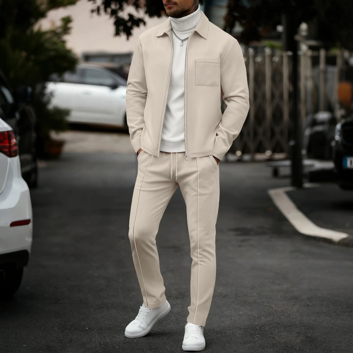 Men's Fashionable Casual Plain-Color Waffle Knit Pullover with Zipped Pocket and Collar, High-Quality Men's Jacket, Trousers Set