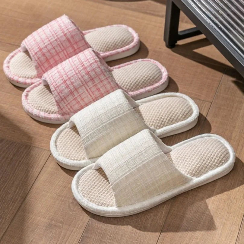 Home Slipper Women Striped Spring Linen Couples Indoor House Non Slip Funny Sandals Cartoon Shoe Male Soft Flat Flax Comfortable