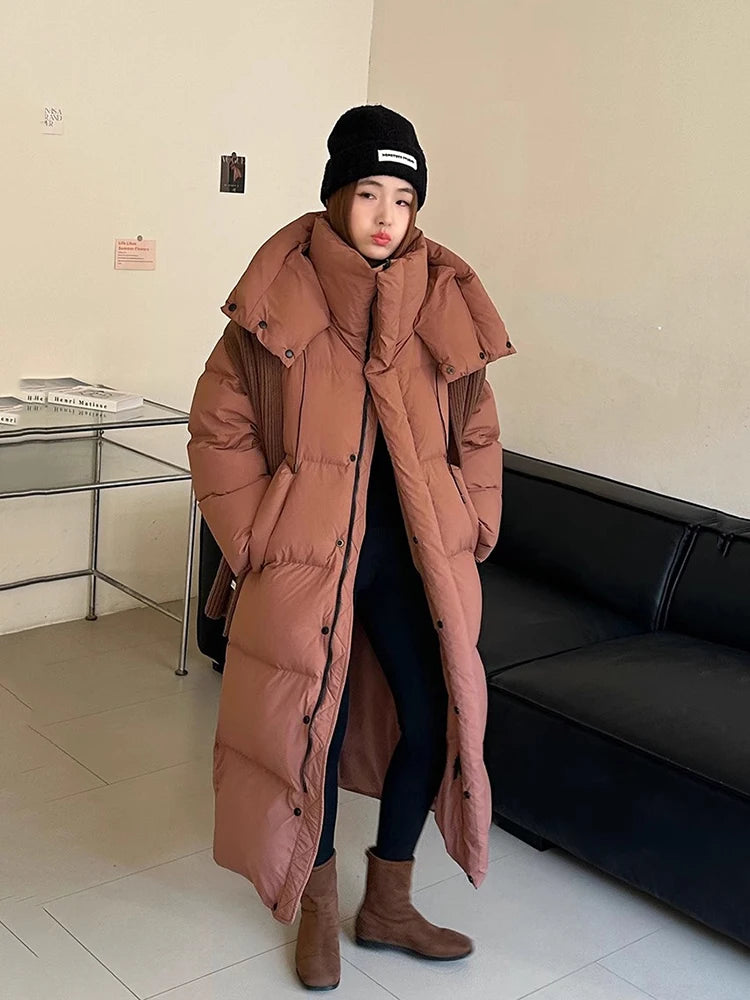 Winter Thick Long Hooded Down Jacket Female Solid Warm Outdoor Parkas Outwears Women White Duck Down Knee Length Down Jackets
