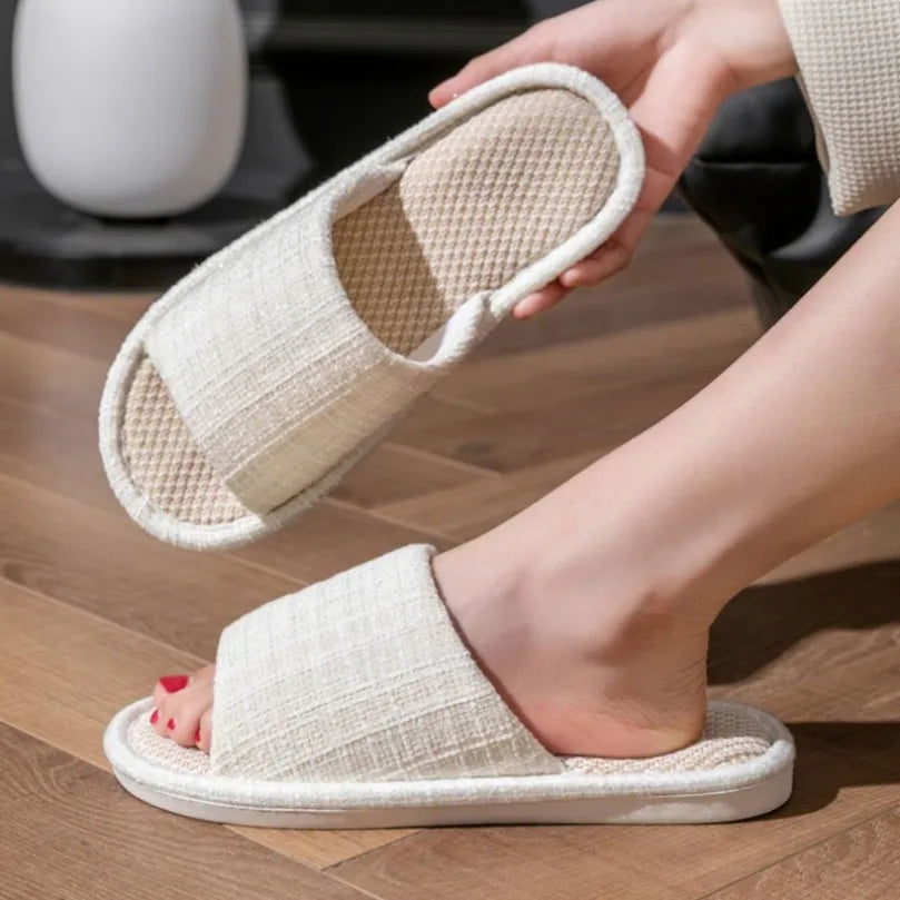Home Slipper Women Striped Spring Linen Couples Indoor House Non Slip Funny Sandals Cartoon Shoe Male Soft Flat Flax Comfortable