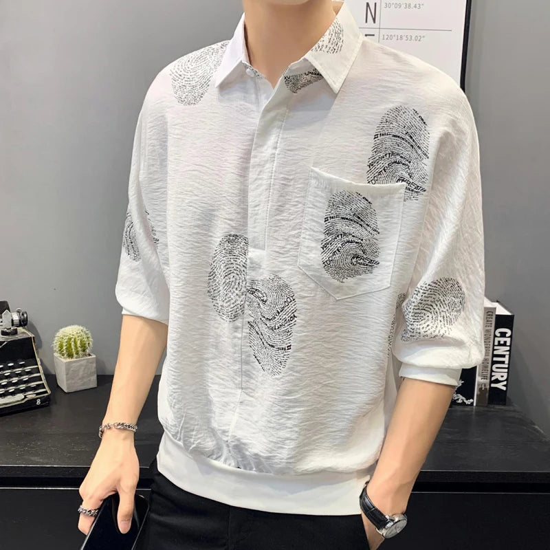 Streetwear Fashion Casual Loose T-Shirts Pullovers Turn-down Collar Printing Handsome Office Three Quarter Sleeve Men's Clothing