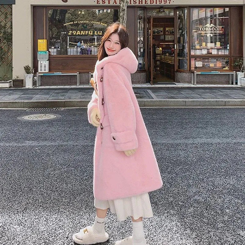 Lamb Fur Jackets Women Overcoat Winter New Plus velvet Thick Warm Parker Jacket Loose Horn Buckle Long Cute Hooded Coat Outwear