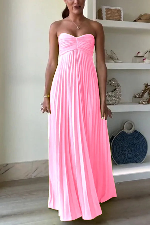 Elegant Strapless Pleated Long Dress for Women Sexy Sleeveless Backless Design Spring Summer New Arrival Lady Evening Party Robe