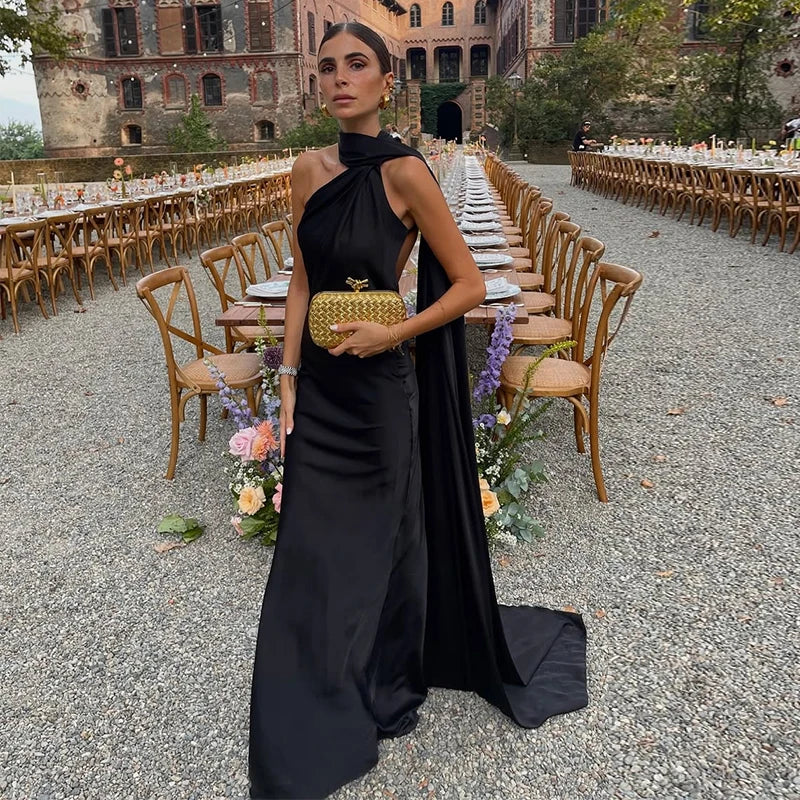 Women Backless Off Shoulder Bodycon Long Dress Sexy Satin Ribbon Sleeveless Female Robes 2024 New Summer Elegant Lady Party Gown