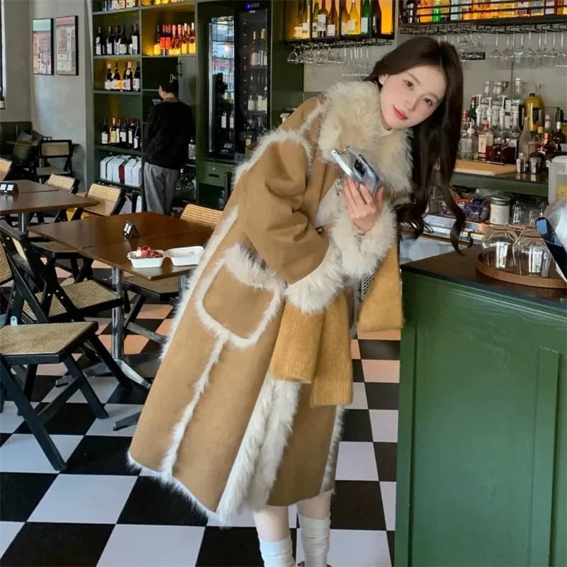 Deer Skin Velvet Spliced Denim Jacket For Women's Winter New Velvet Warm Fur Integrated Color Blocking Outwear Imitation Fur Coa