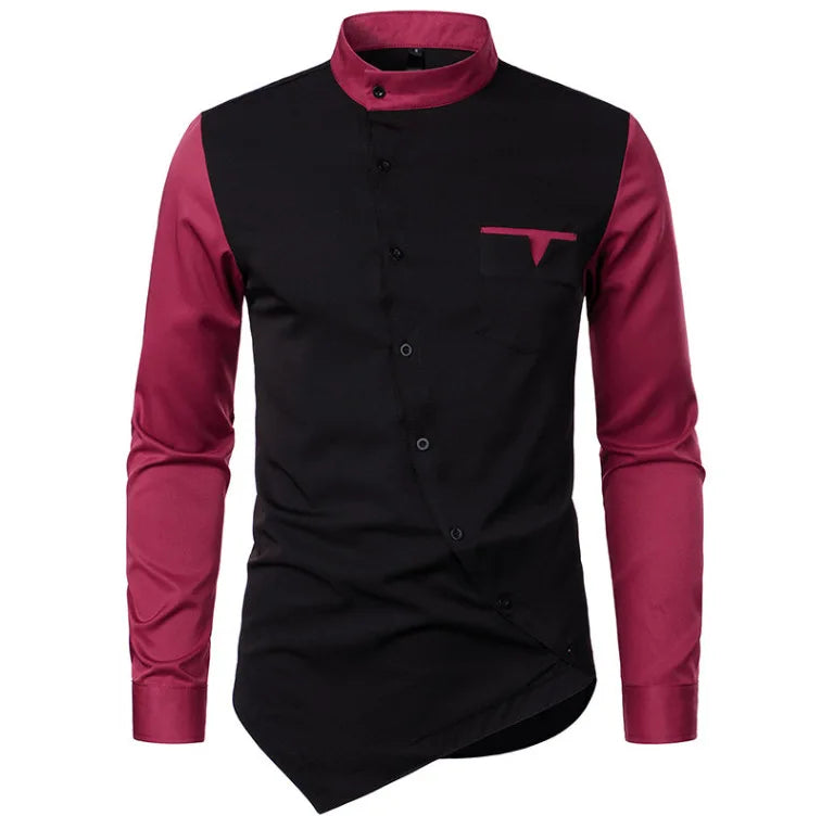 2026 Men's Casual Shirts Patchwork Irregular Oblique Button Long Sleeve Men's Dress Wedding Business Shirt Tops Chemise Homme