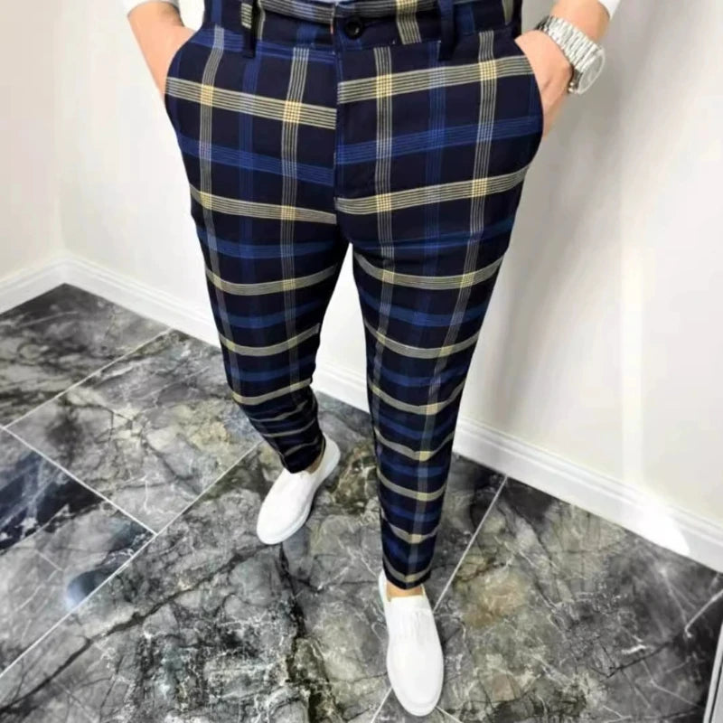 12 Colors Plaid Printed Men's Pencil Pants Business Casual Ankle Length Slim Men Suit Pants Fashion Handsome Pantalones Hombre