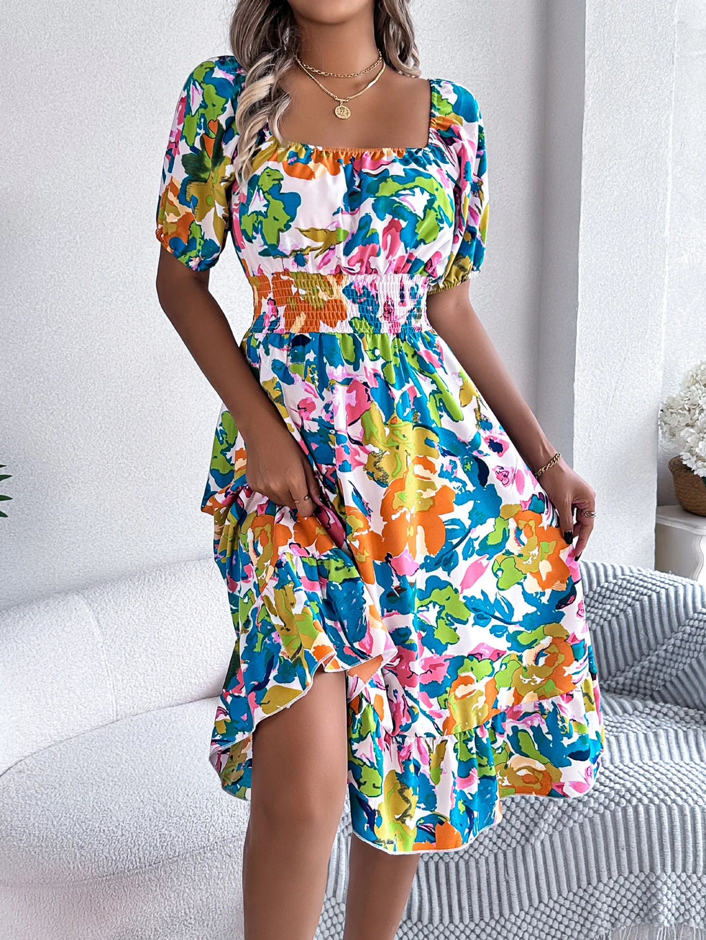 Elegant Print Dress Women Fashion Square Collar Short Sleeved Elastic Waist Folds Dresses High Waist Off-shoulder Midi Dresses