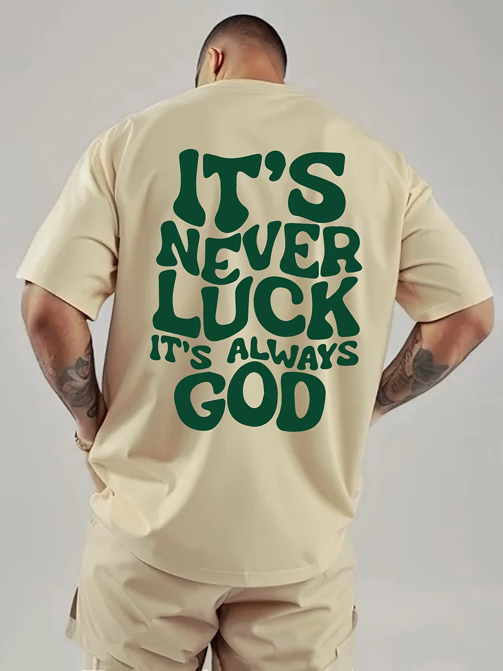 Men's Summer 100% Cotton Fashionable Casual Loose God Luck Letter Printed Sports Round Neck Short Sleeve T-shirt Top