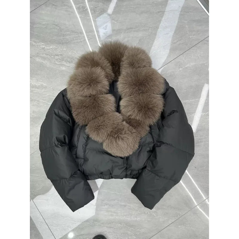 2025 Winter New Women's Short Fashion Warm Feather Cotton Clothes Anti-fox Fur Collar Jacket