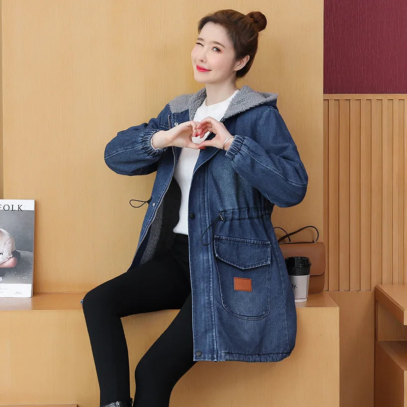 Women's Winter Parkas Coat  2024 New Hooded Korean Version  Ladies Cowboy Down Cotton Jacket Fashion Loose Lady Outerwear