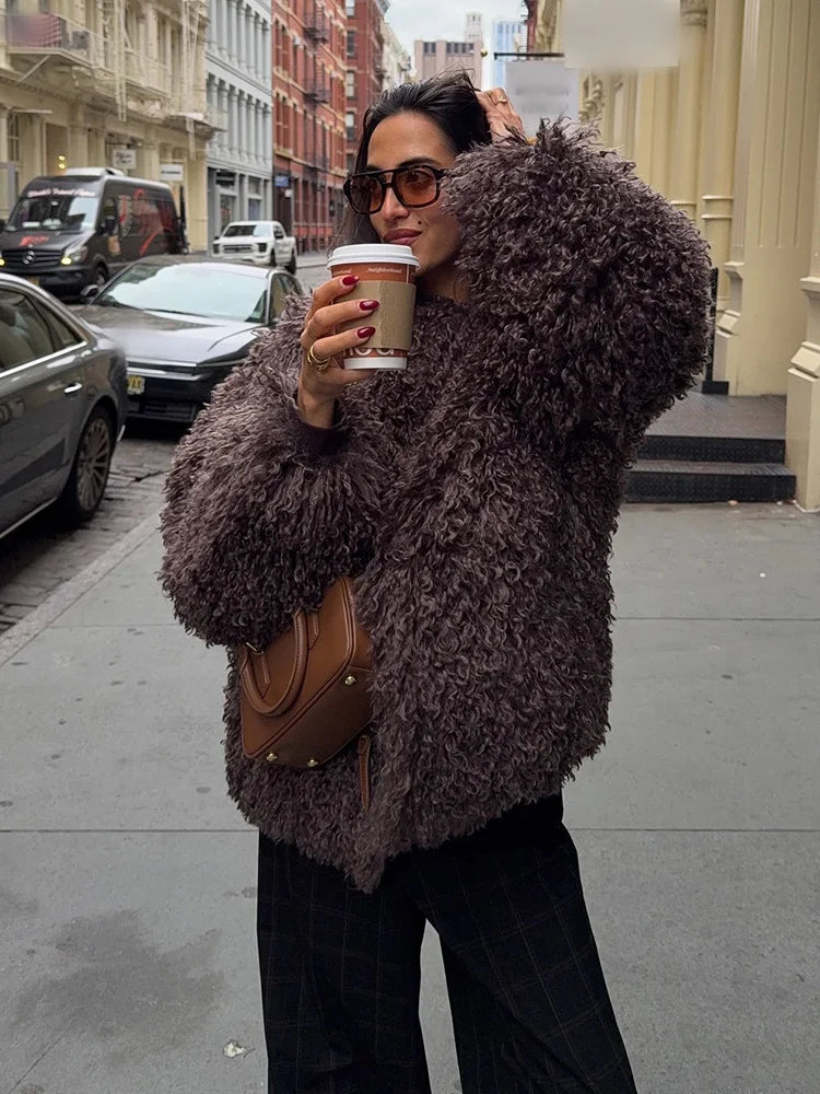 HH Women Fashion Long Sleeve Warm Jacket Faux Fur Effect Short Jacket Female Solid O-Neck Hidden Buckle Casual Chic Outwear
