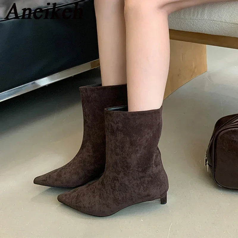 Aneikeh Large Size 41 42 Fashion Winter Faux Suede Pointed Short Boots Low Heel Boots Slip on Party Shoes Botas Zapatos De Mujer