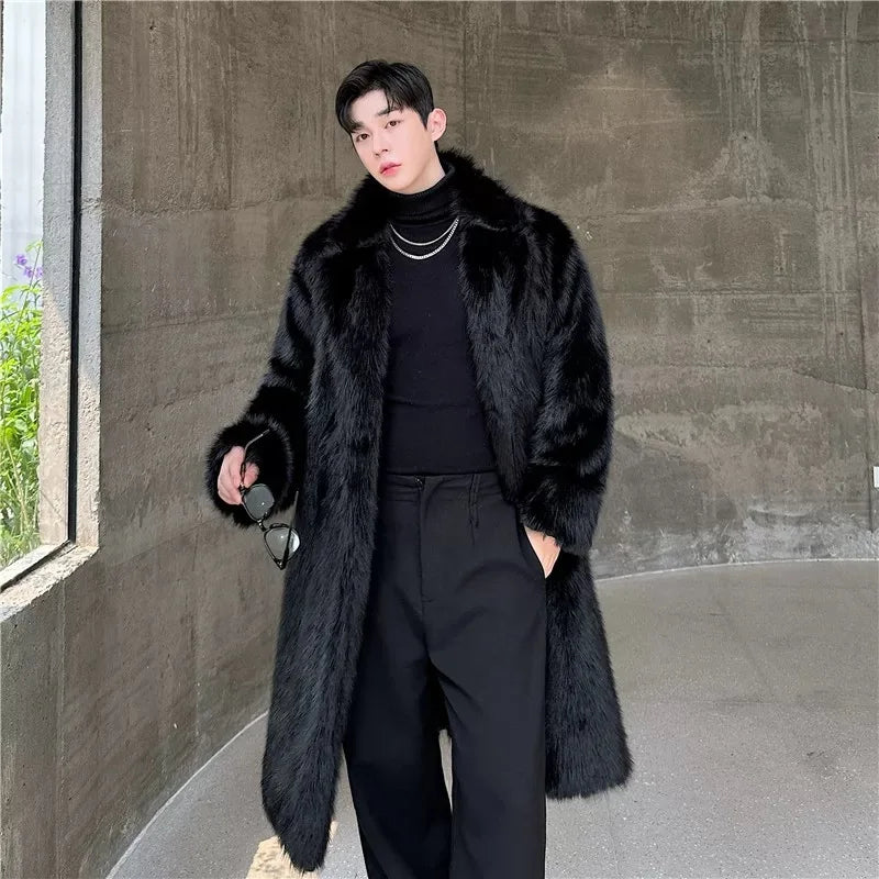 Black Faux Fur Long Coat Man Fashion Winter Thickened Warmer Fluffy Long Cotton-padded Jacket Overcoat KX126