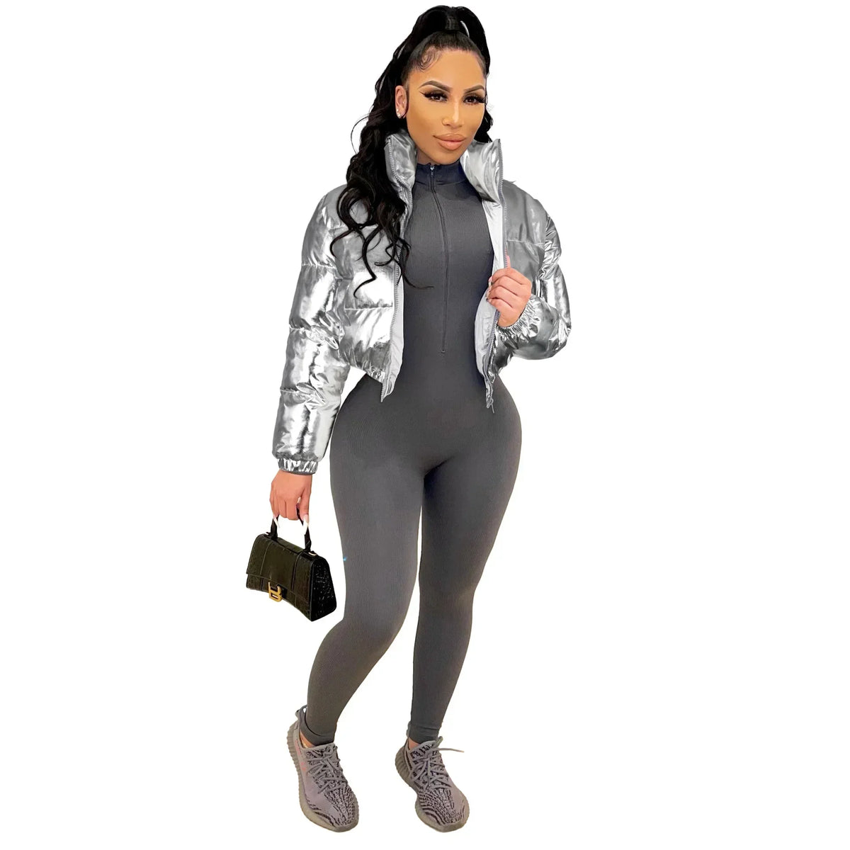 ANJAMANOR Silver Glossy Puffer Jacket Zip Up Shiny Bubble Coat Streetwear Women Clothing Winter Baddie Clothes D48-FH59