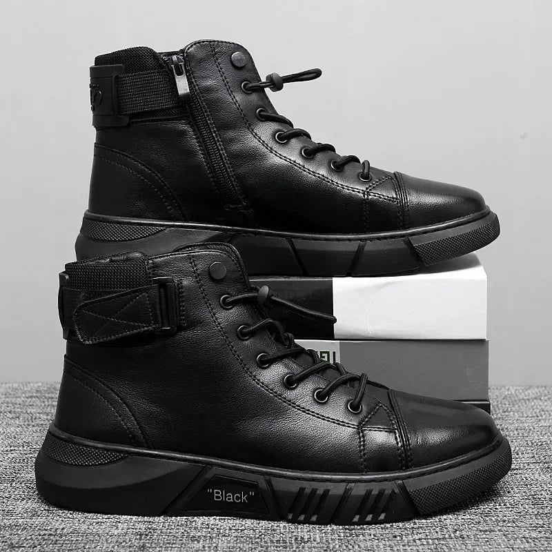 2024 Autumn Winter Fashion Men's Ankle Boots PU Leather High Quality Comfortable Black Leather Platform Casual Shoes
