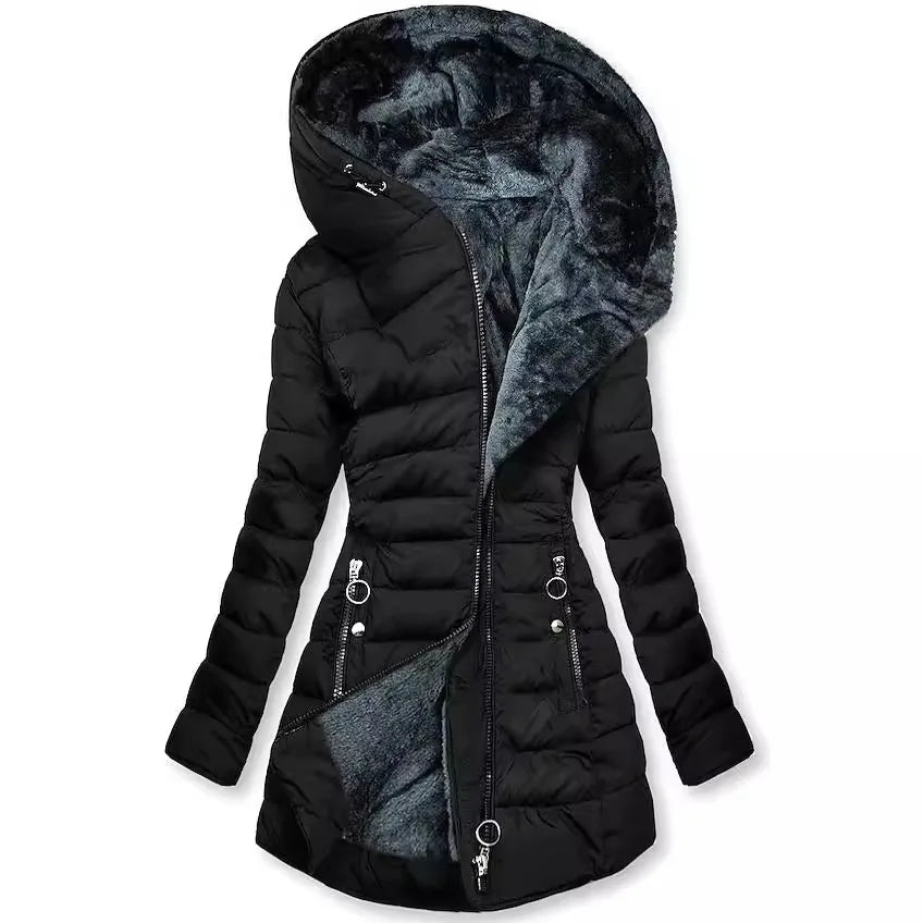Women Parkas Hooded Solid Zipper Splice Midi Coats Long Sleeve Pockets Slim Fit Thick Coat Casual Parka Warm Winter 2024