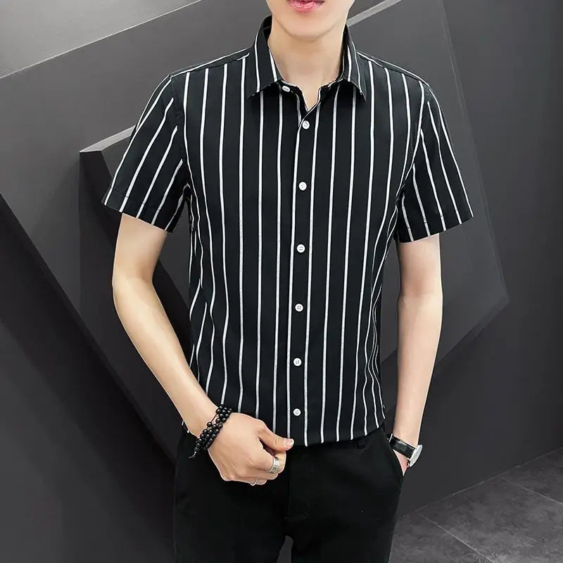 Korean Fashion Trend Handsome Summer Striped Short Sleeved Shirt Men's Lapel Button Patchwork Three Quarters Versatile Thin Top