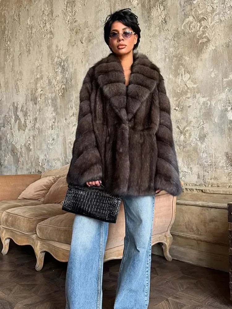 Women Solid Faux Fur Coat Elegant Lapel Collar Long Flare Sleeve Loose Jackets New Winter Warm Female Chic High Street Outerwear