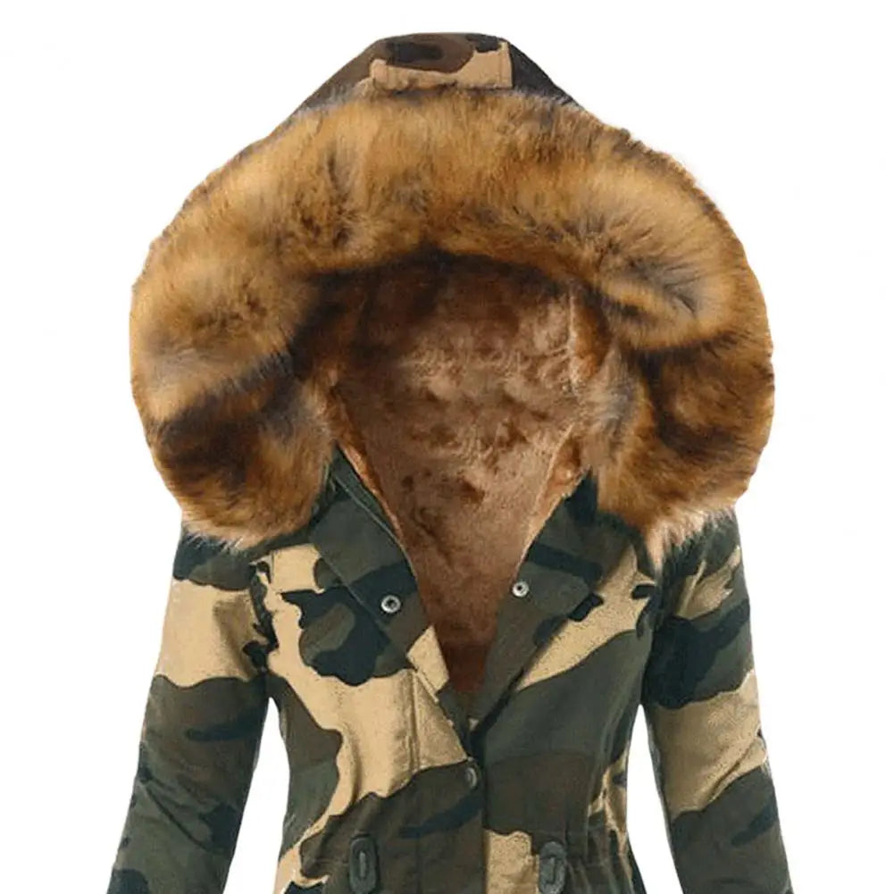 Women Winter Windproof Mid Length Jacket Faux Fur Fleece-lined Down Coat Camouflage Print Slim Fit Outerwear