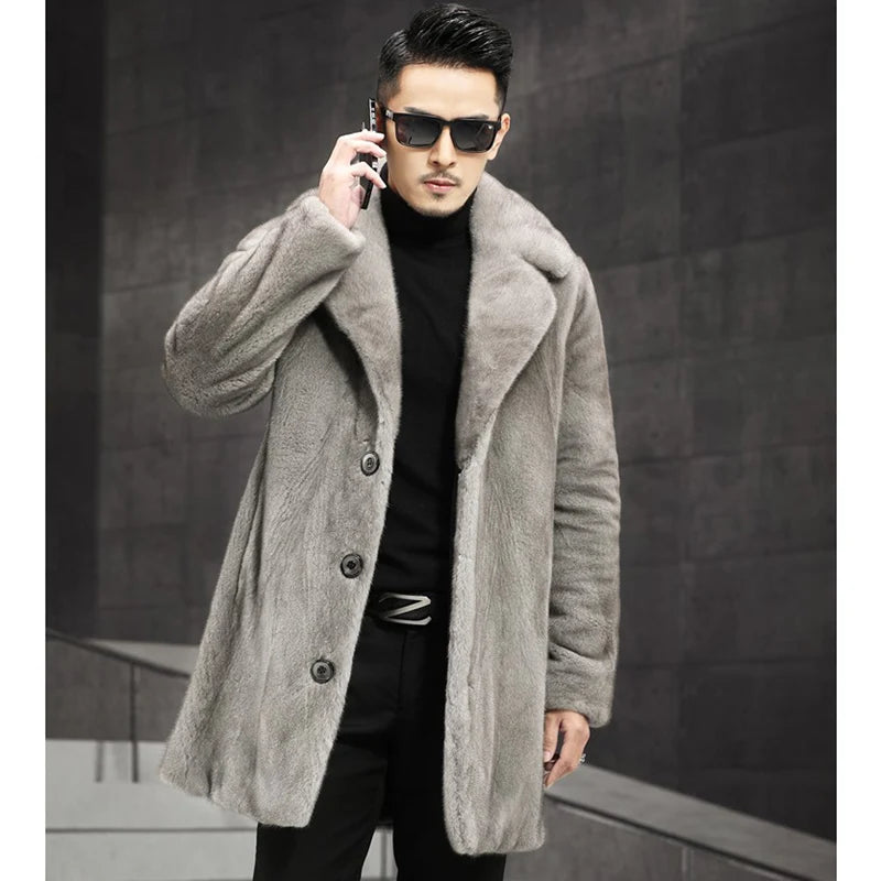 Men's winter warm fur coat mimics mink casual windbreaker mid-length jacket