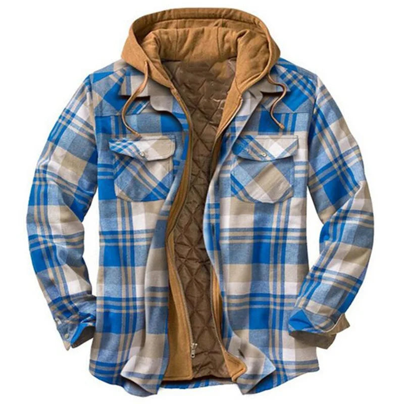2026 Men's Winter Printed Cotton Jackets Harajuku Plaid Shirts Coats Hooded Zipper Long Sleeve Basic Casual Shirts Jackets Male