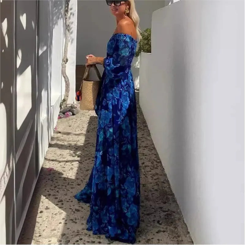 Vintage Pattern Print Long Dress Women Sexy Off Shoulder Long Sleeve Party Dress Fashion Waist Pleat Loose Hem Beach Dress