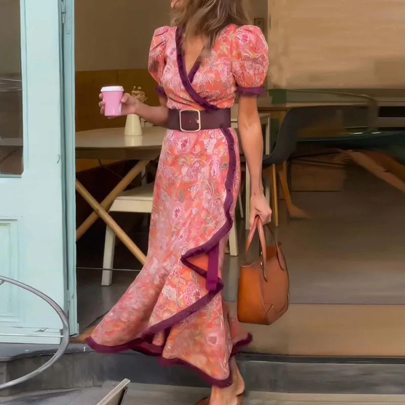 Spring Summer Lady V Neck Maxi Dress Casual Women Party Club Print Patchwork Dress Streetwear Short Sleeve Slim Lacing Up Dress