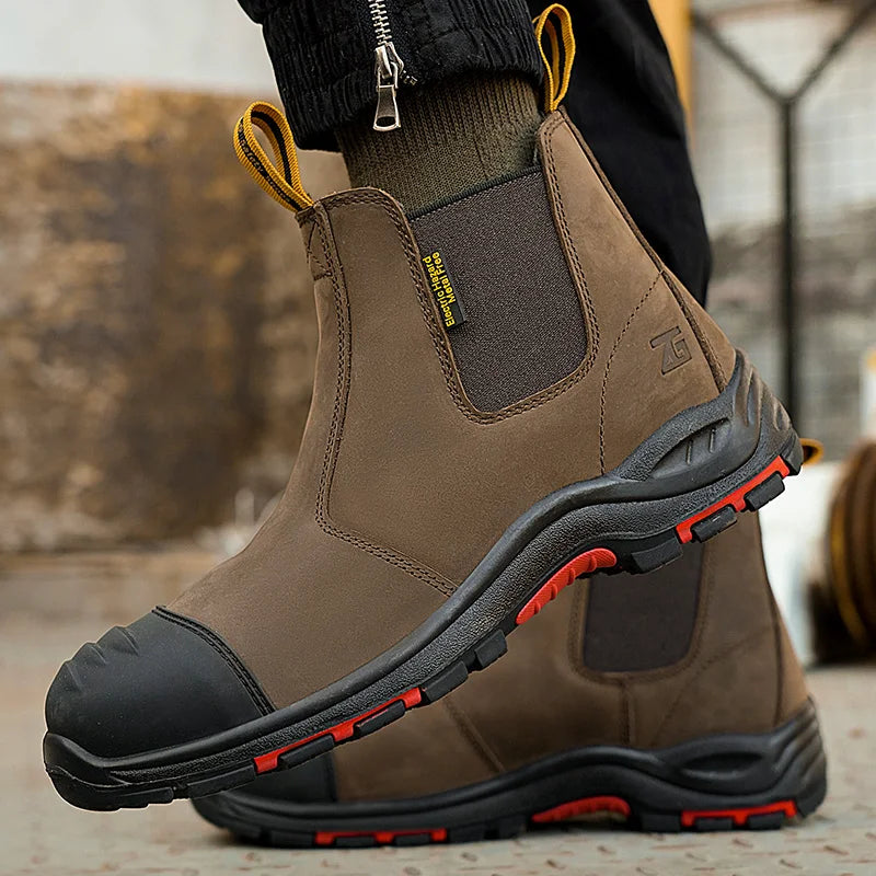 Brown  Nubuck leather Safety Boot , yellow Nubuck leather No Lace safety boot composite toe