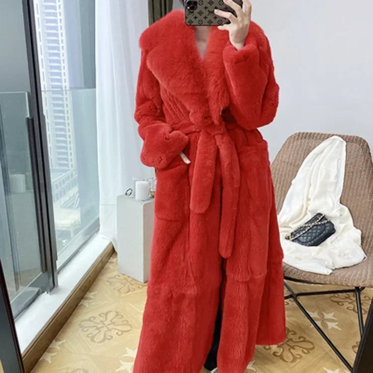 Solid Color Fur Jackets Overcoats Lace Up Pockets Trend Faux Fur Coat Women's Mid-Length Coat Fashion Loose Faux Outwear Coats
