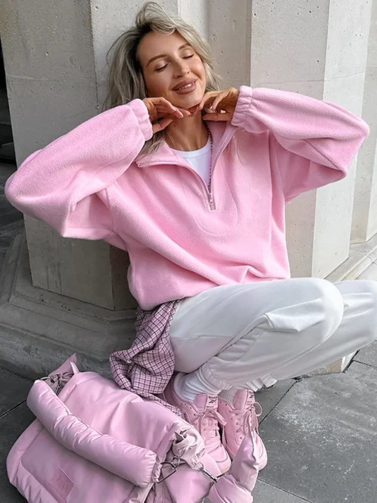 Zipped Pink Sweatshirt Woman Fashion Pullover Oversized Hoodie Y2K Street Style Women Fleece Winter Coats Jackets