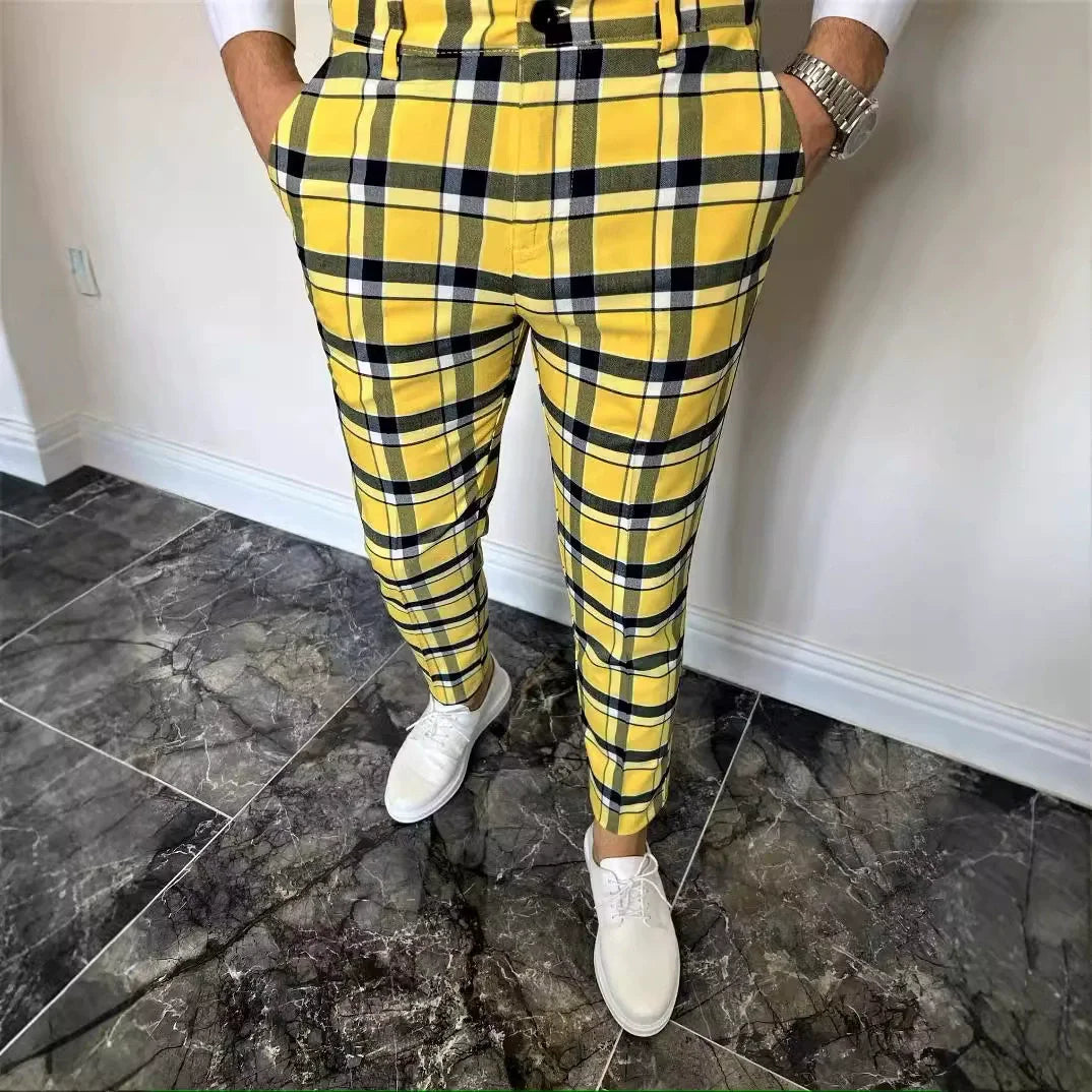 12 Colors Plaid Printed Men's Pencil Pants Business Casual Ankle Length Slim Men Suit Pants Fashion Handsome Pantalones Hombre