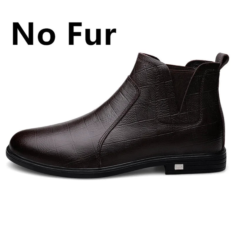 2025 New Chelsea Shoes Men Genuine Leather Boots Fur Winter Men Fashion Ankle Boots Business Casual Man Snow Boots Work Shoes
