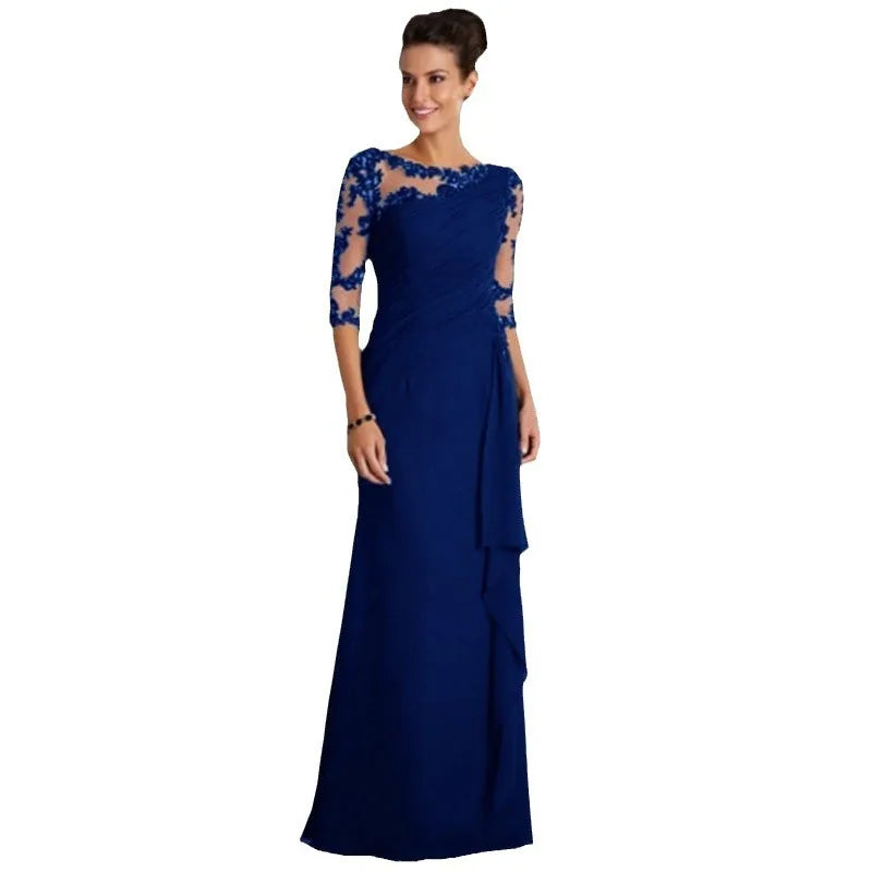 Temperament Elegant Women's Long Dresses See Through Lace Patchwork Mid-sleeve Slim Party Dress Commuting Style Evening Vestidos