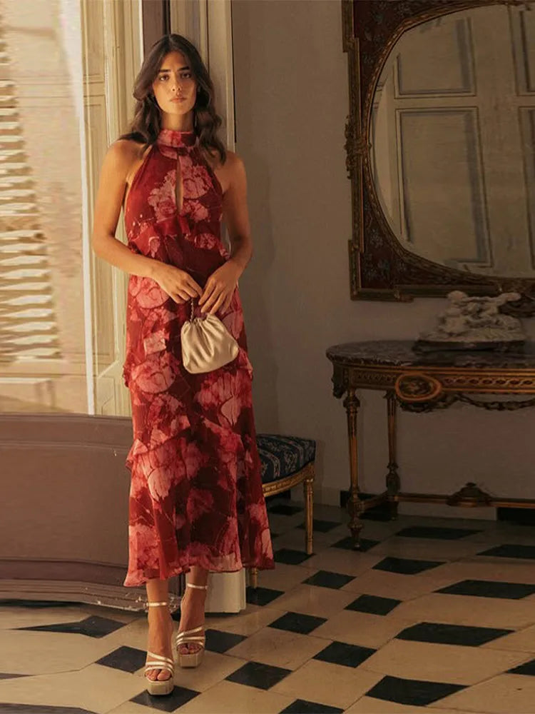 Floral Print Halter Neck Cutout Maxi Dress Tiered Ruffle Sleeveless 2026 Summer Women Vacation Dress Fashion Boho Lady Vestido
