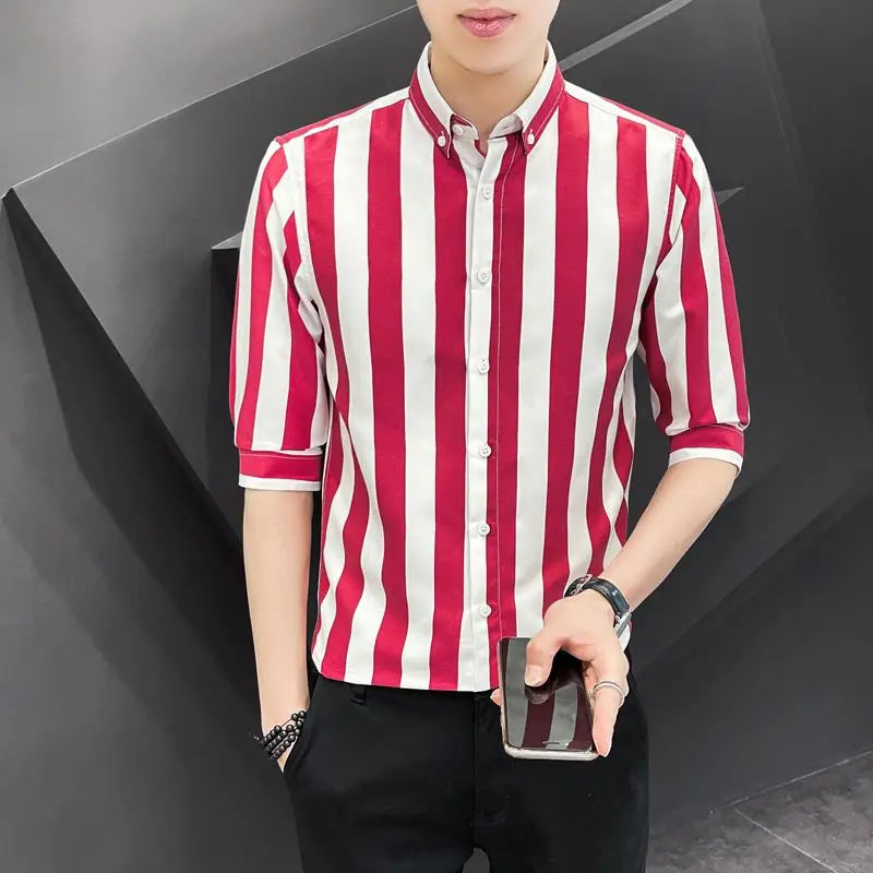 Korean Fashion Trend Handsome Summer Striped Short Sleeved Shirt Men's Lapel Button Patchwork Three Quarters Versatile Thin Top