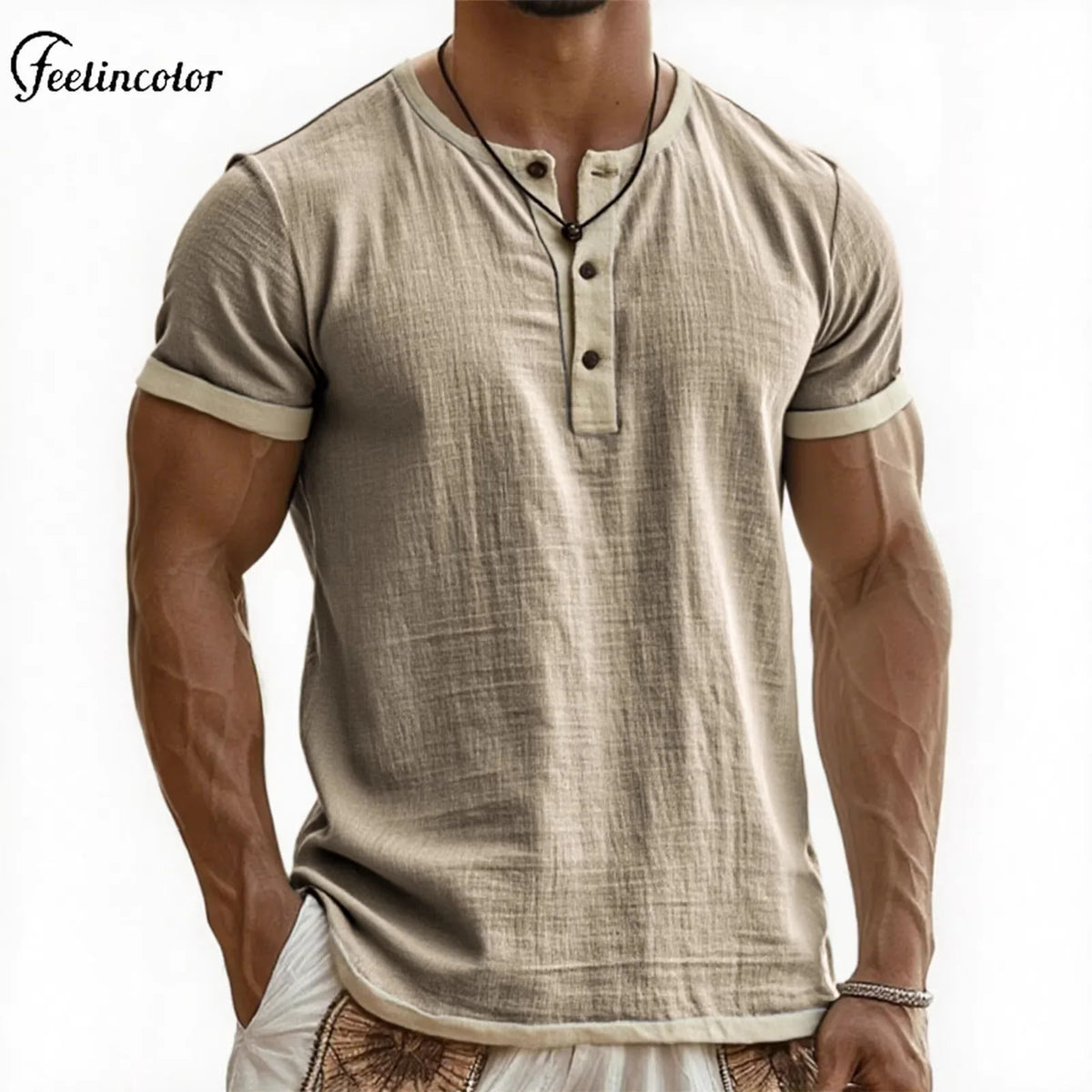 Men's Linen Cotton Patchwork T-shirk Summer Casual Short-sleeved Shirt Comfortable Breathable Top Round Collar Male Clothing