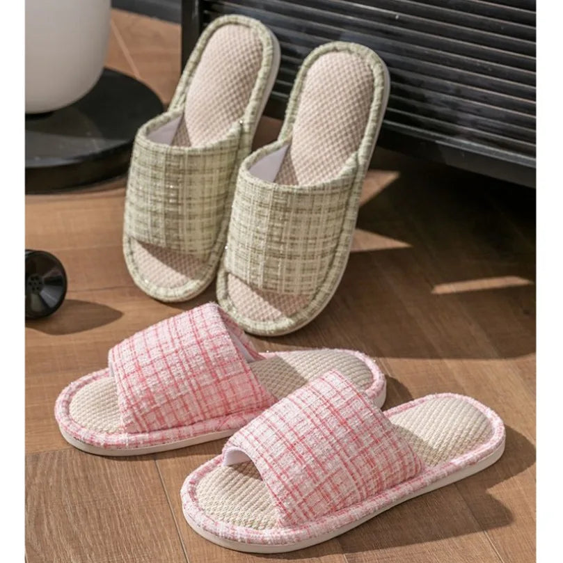 Home Slipper Women Striped Spring Linen Couples Indoor House Non Slip Funny Sandals Cartoon Shoe Male Soft Flat Flax Comfortable