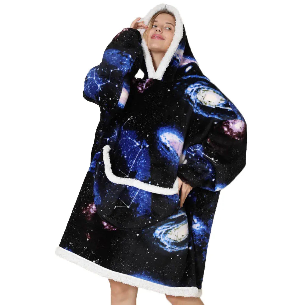 2024 Cartoon Oversized Hoodie Blanket with Sleeves Winter Warm Fleece Sweatshirt Cow Hoodies Women Men Korean Funny Print Hoodie