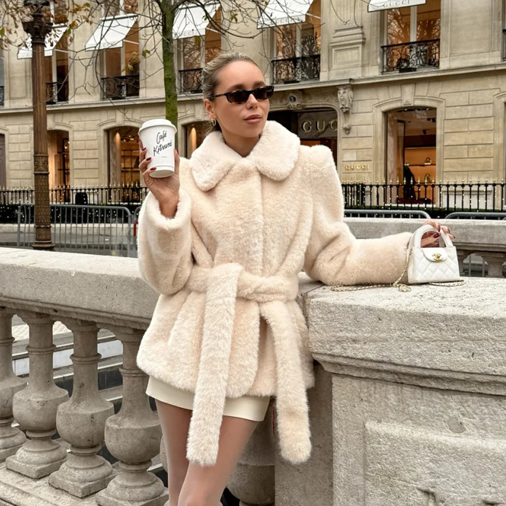 KONDALA 2025 Fall Winter Faux Fur Women Streetwear Coats Fashion Elegant Sashes Turndown Collar Chic Ladies Solid Coats