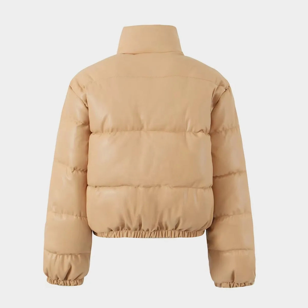 Winter women's thick warm jacket women's fashionable PU leather coat women's standing collar short warm bread jacket