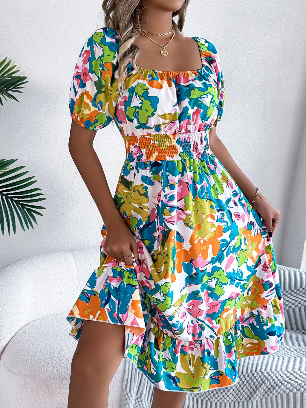 Elegant Print Dress Women Fashion Square Collar Short Sleeved Elastic Waist Folds Dresses High Waist Off-shoulder Midi Dresses