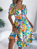 Elegant Print Dress Women Fashion Square Collar Short Sleeved Elastic Waist Folds Dresses High Waist Off-shoulder Midi Dresses