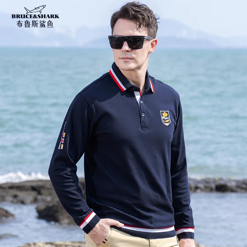 2024 New Solid Color Polo Shirts Men Thicken Stretch Cotton Polos Autumn Clothing Bruce&Shark Fashion Embroidered Men Basic Tops