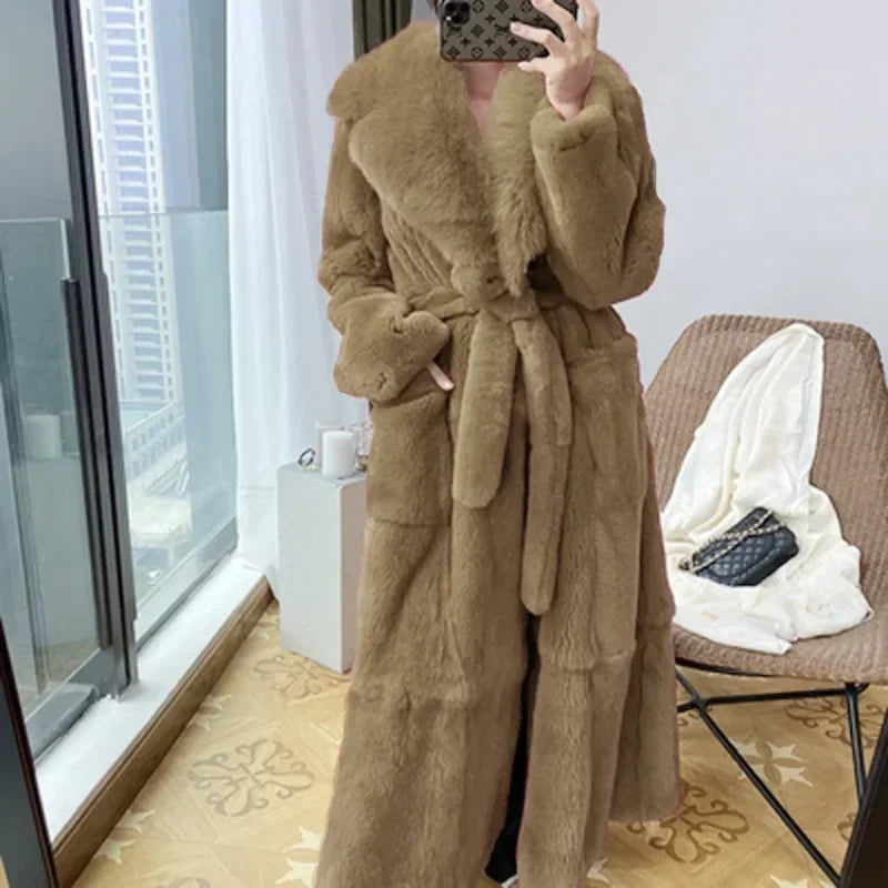 Solid Color Fur Jackets Overcoats Lace Up Pockets Trend Faux Fur Coat Women's Mid-Length Coat Fashion Loose Faux Outwear Coats