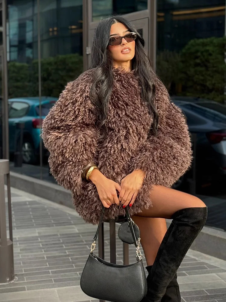 HH Women Fashion Long Sleeve Warm Jacket Faux Fur Effect Short Jacket Female Solid O-Neck Hidden Buckle Casual Chic Outwear