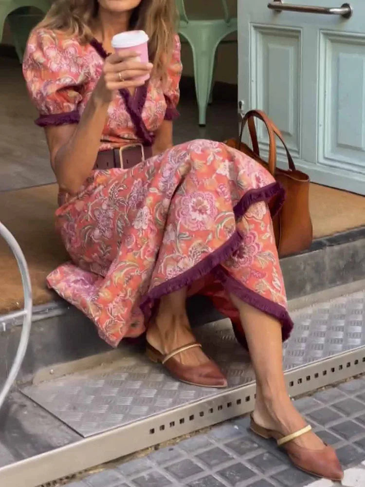 Spring Summer Lady V Neck Maxi Dress Casual Women Party Club Print Patchwork Dress Streetwear Short Sleeve Slim Lacing Up Dress
