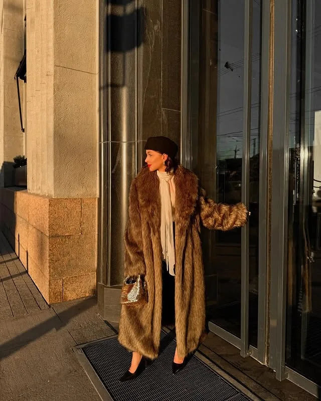 Long Coats Women Faux Fur Streetwear Thick Warm Coat Turn Down Collar Y2k Outerwear Jackets Open Stitch Autumn Winter Spring
