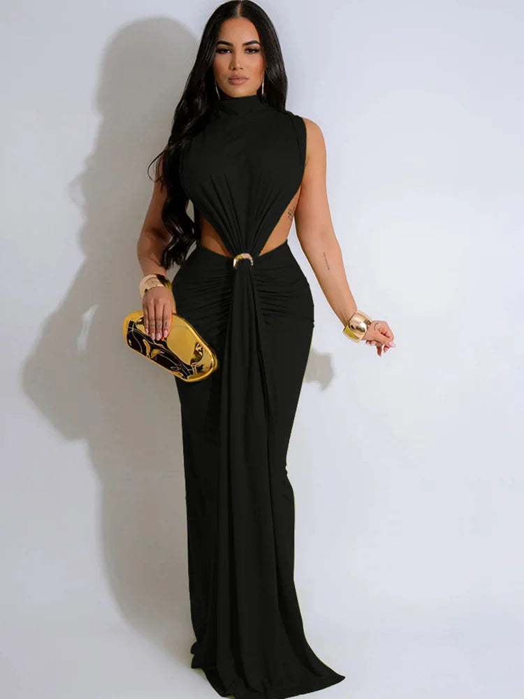 Beyprern Beautiful Green Sleeveless Hollow Out Pleated Prom Dress Women's Cut Out Metal Long Straps Party Club Dress Vestidos